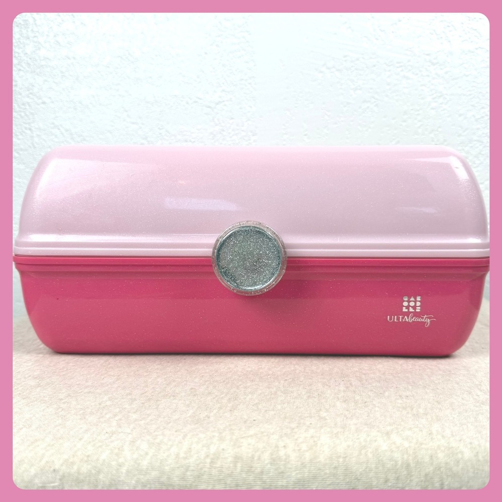 ULTA Beauty Pink Glitter Train Case Makeup Cosmetic Organizer Mirror Handle‎